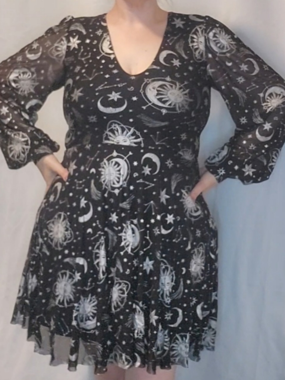 Blackmilk Black Celestial Long Sleeve V‑Neck Dress with Silver Print (Rare)